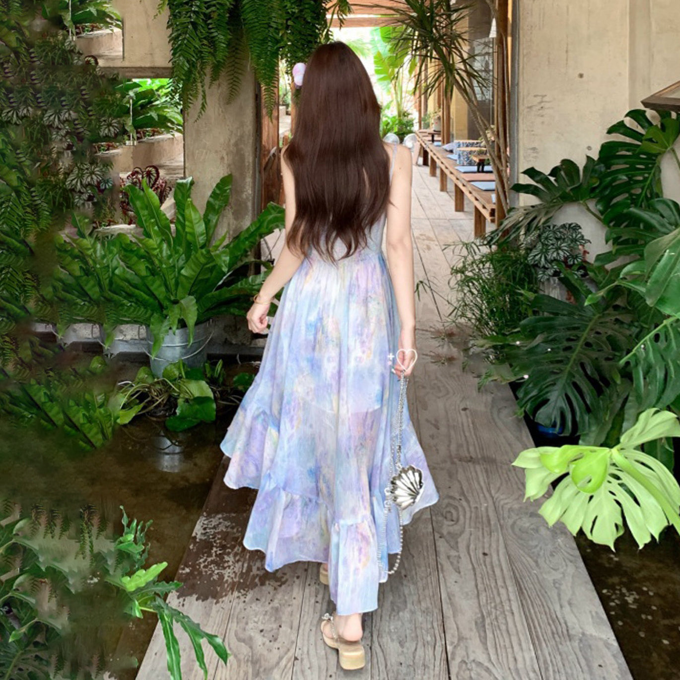 M~3XL【ワンピース】紫花柄キャミワンピース レディース 夏 アシンメトリー ノースリーブ ロング丈 リゾート【SHシリーズ】