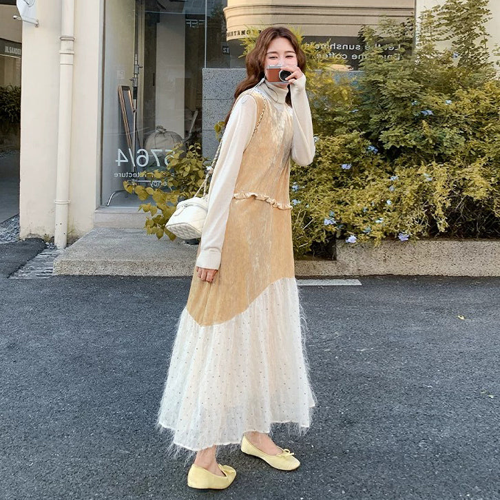【ワンピース】ベロアスパンコールフリンジワンピース レディース ノースリーブ ロング丈 配色 シャンパンカラー【JZシリーズ】