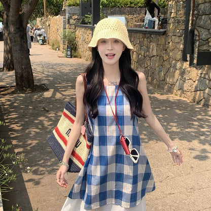 【ワンピース】夏の元気ガール 韓国風シック シンプルなフェイクレイヤード チェック柄ノースリーブワンピース【SHシリーズ】