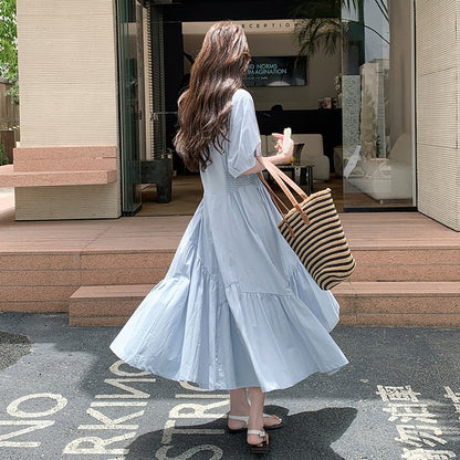 【ワンピース】韓国風 甘めポロ襟マーメイドワンピース 夏 ロング 半袖シャツワンピース【JZシリーズ】