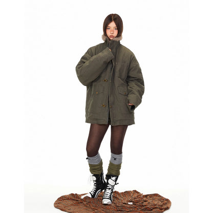 【アウター】フライトバックル 保温性のある ワーク風 ファー襟 綿入れコート 【FCシリーズ】