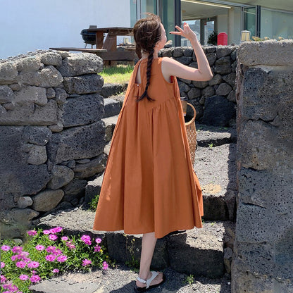 【ワンピース】リゾートワンピース ノースリーブ オレンジカラー ゆったりシルエット 上品 夏 海辺 ビーチコーデ【JZシリーズ】