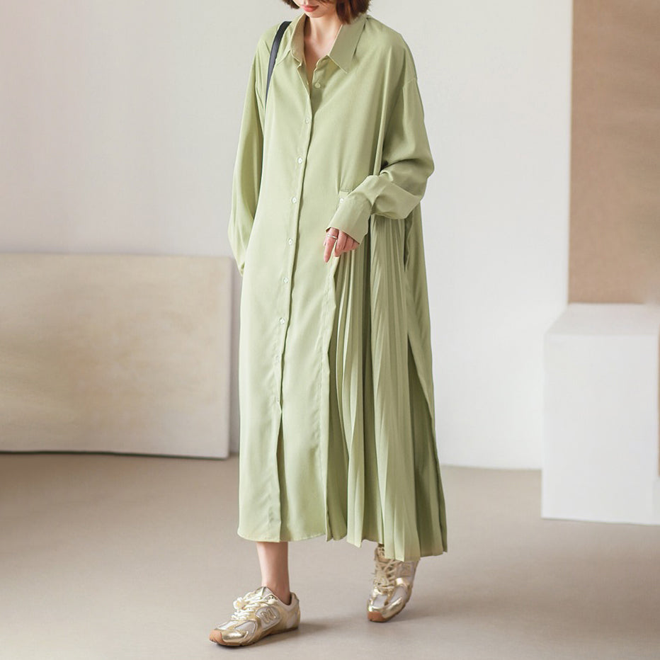 【24AW】【ワンピース】レジャー ラペル ルーズ プリーツ 長袖ワンピース