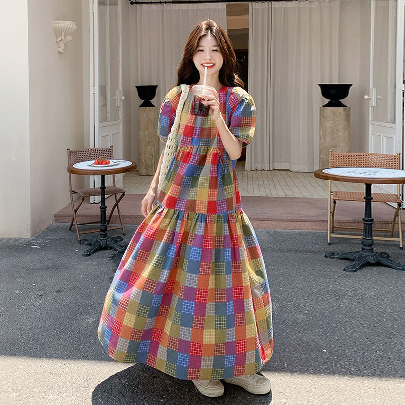 【ワンピース】ドーパミンカラー 甘めで若見え チェック柄カジュアル 細見えパフスリーブ半袖ワンピース【SHシリーズ】