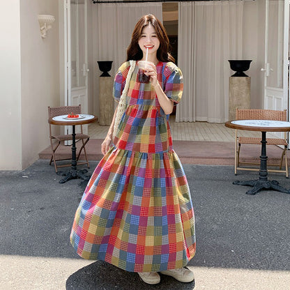 【ワンピース】ドーパミンカラー 甘めで若見え チェック柄カジュアル 細見えパフスリーブ半袖ワンピース【SHシリーズ】