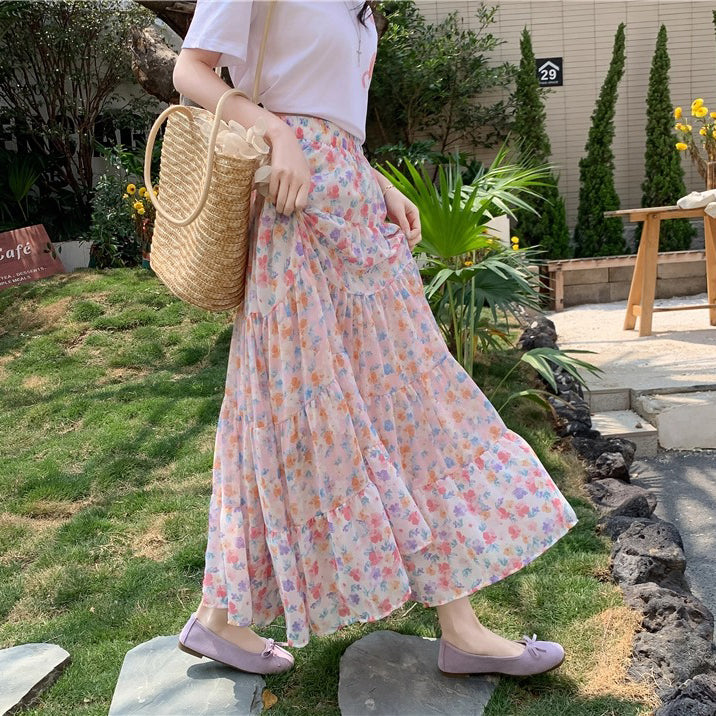 【ボトムス】花柄 スカート 新作 流行 レディース ハイウエスト Aライン フレア シフォンスカート【SHシリーズ】