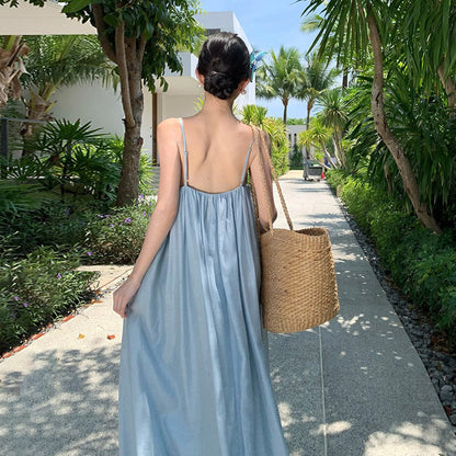 【ワンピース】バックリボン キャミワンピース レディース 夏新作 リゾート 海辺 ノースリーブ ロングワンピース 海島スタイル【SHシリーズ】