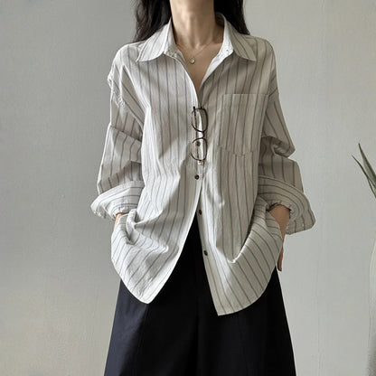 【トップス】春 秋 夏 冬 ストライプ柄 立襟 長袖 シャツ 【JZシリーズ】