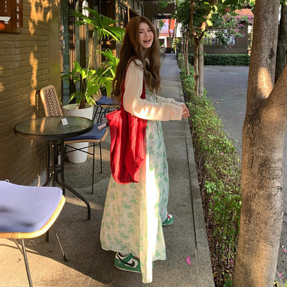 【ワンピース】大きいサイズ レディース 夏新作 グリーン 花柄 キャミワンピース 温柔風 気質 フレア ノースリーブ ロングワンピース【SHシリーズ】