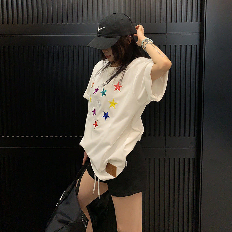 【トップス】ヴィンテージ加工 立体刺繍ヘビーTシャツ 夏新作 レディース 半袖 ストリート系【FCシリーズ】