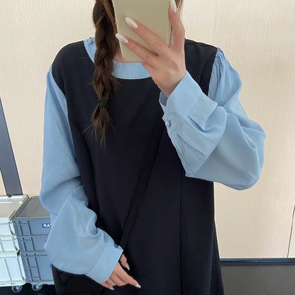 【ワンピース】大人上品フェイクレイヤードワンピース レディース 秋新作 ポロカラー ゆったり ロング丈【JZシリーズ】