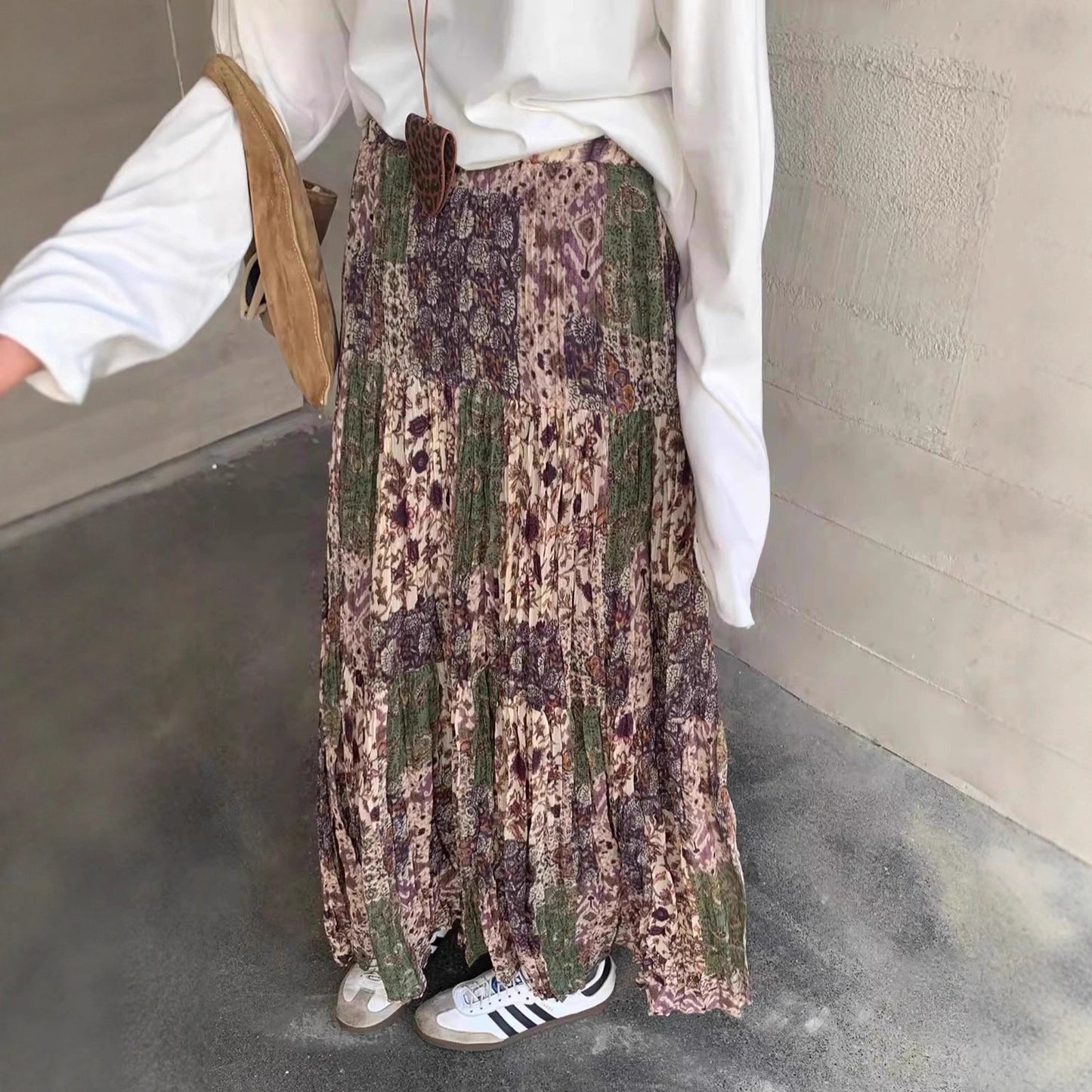 【ボトムス】ヴィンテージ 配色フ レディース 韓国風 ゆったりハイウエストAライン ロングスカート トレンド【SHシリーズ】