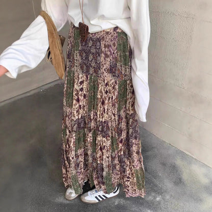 【ボトムス】ヴィンテージ 配色フ レディース 韓国風 ゆったりハイウエストAライン ロングスカート トレンド【SHシリーズ】