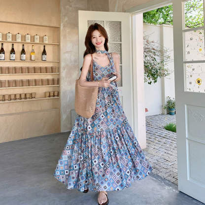 【ワンピース】ボヘミアン レトロプリント 華やか ロングワンピース 【SHシリーズ】