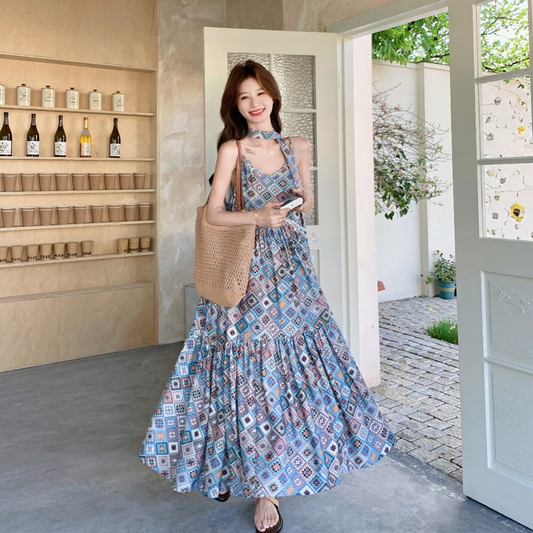 【ワンピース】ボヘミアン レトロプリント 華やか ロングワンピース 【SHシリーズ】