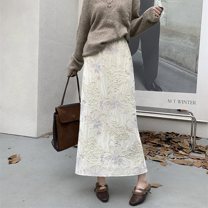 【ボトムス】刺繍＆ラメ入り 裏起毛 ベルベット タイトスカート 秋冬 後ろスリット 上品 ロング丈【SHシリーズ】