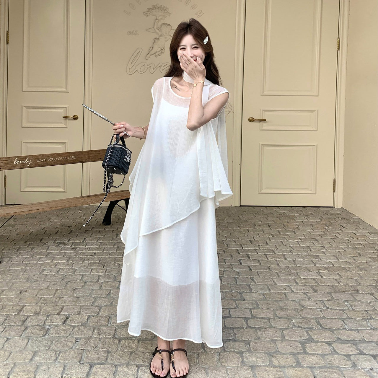 【セットアップ】韓国風 レディース ワンピースセット ノースリーブワンピース ブラウス ロング丈 大人可愛い 上品コーデ【JZシリーズ】
