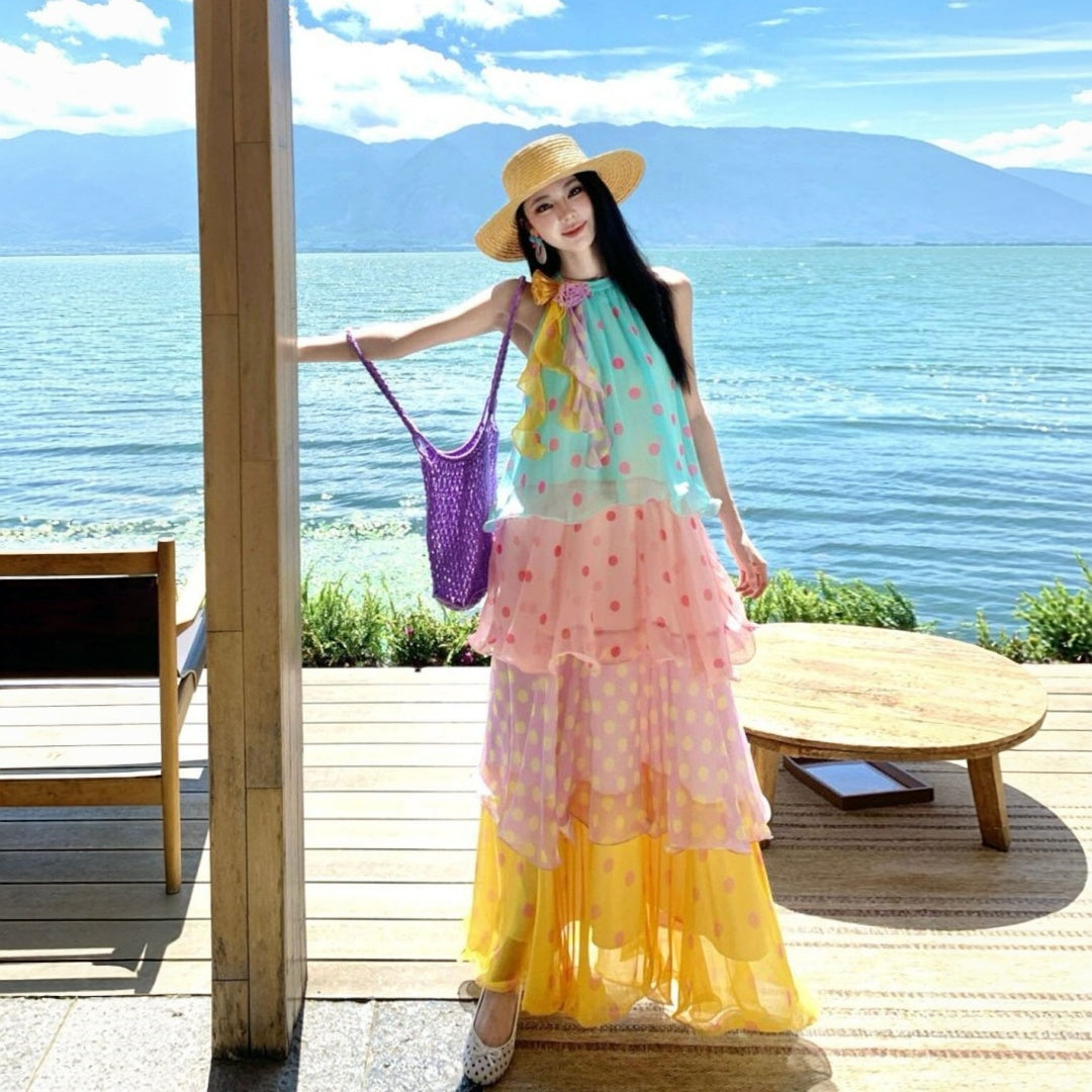 南國度假風彩色波點層次連衣裙｜甜美度假長裙【SH系列】