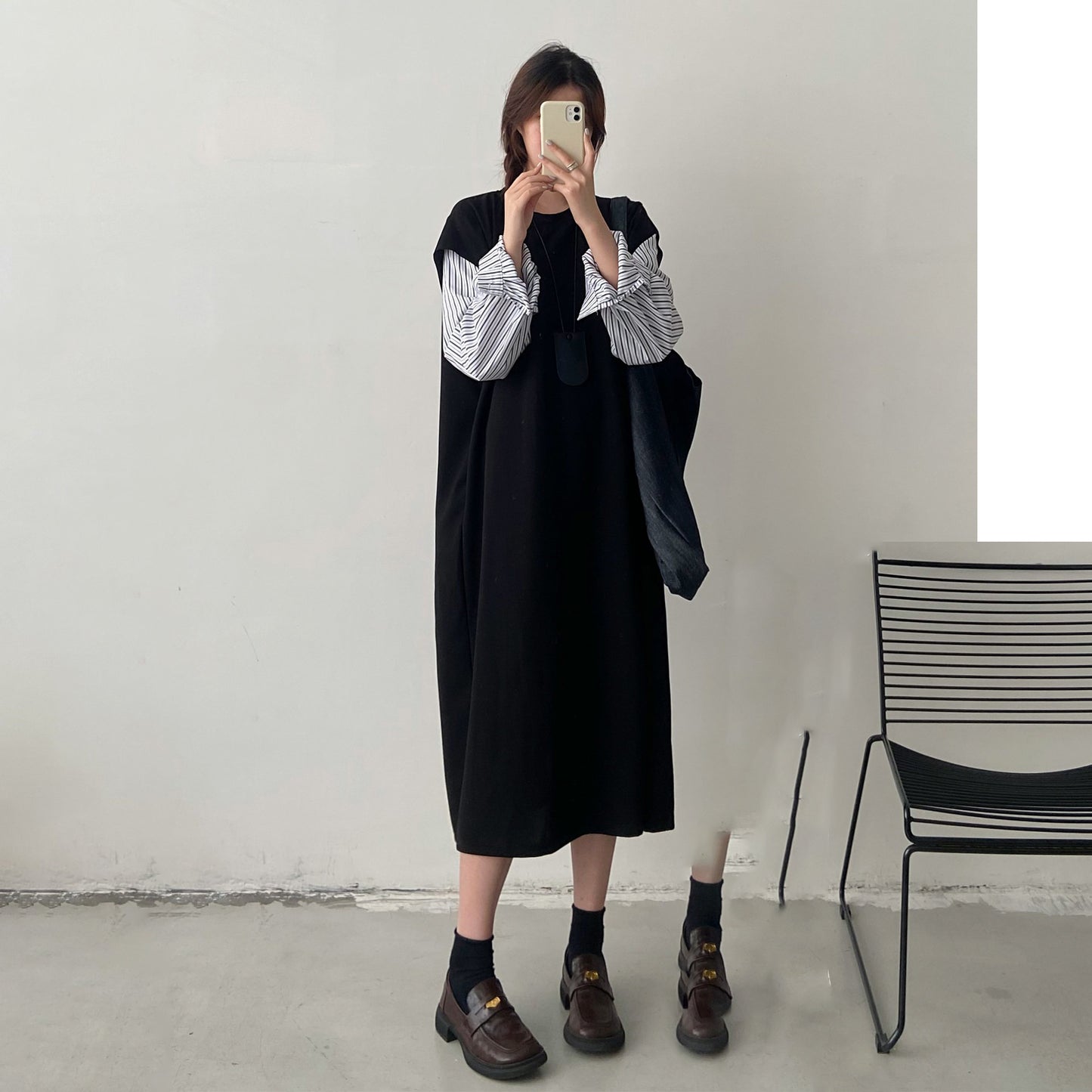 【ワンピース】デザイン感 長袖 フェイクレイヤードワンピース レディース 切替 大きめサイズ ロングドレス【JZシリーズ】