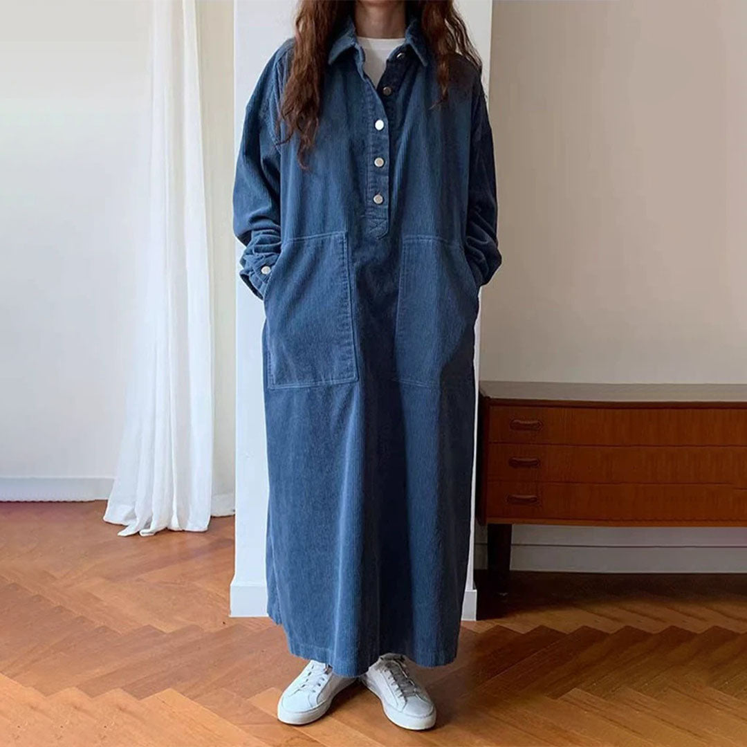 【24AW】【ワンピース】韓国風 レトロ Basic日常簡約 コーデュロイ生地 デニム長袖ワンピース