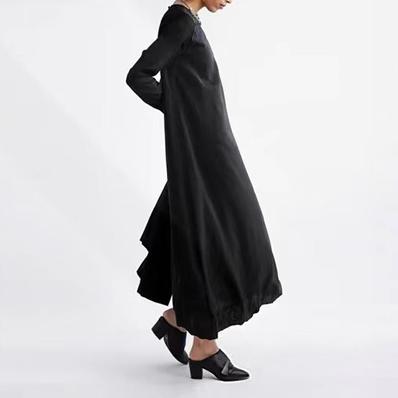 【ワンピース】韓国・日系風 ラウンドネック 切替デザイン 長袖 ロングワンピース【JZシリーズ】