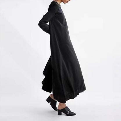 【ワンピース】韓国・日系風 ラウンドネック 切替デザイン 長袖 ロングワンピース【JZシリーズ】