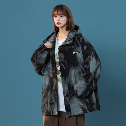 【アウター】フード付きジャケット 男女兼用 水墨染め グラデーション ハイストリート ワイドフィット 青少年【FCシリーズ】