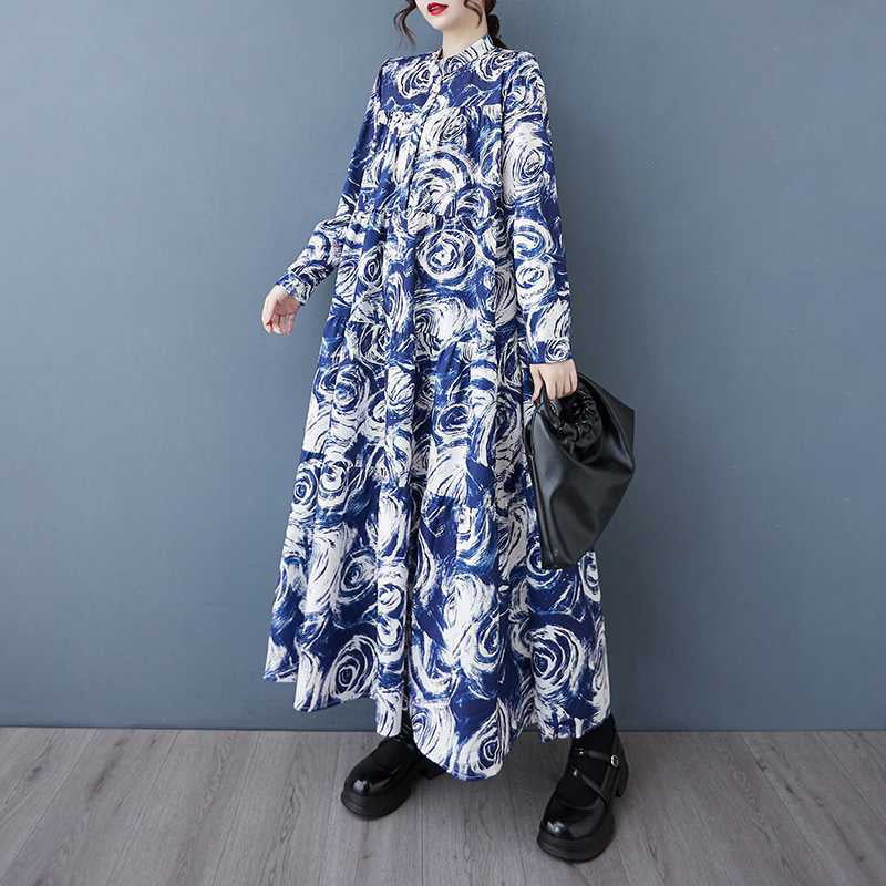 【ワンピース】韓国風 春秋新作 ゆったり大きめサイズ 体型カバー 花柄長袖ミディアムワンピース【SHシリーズ】