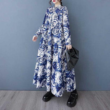 【ワンピース】韓国風 春秋新作 ゆったり大きめサイズ 体型カバー 花柄長袖ミディアムワンピース【SHシリーズ】