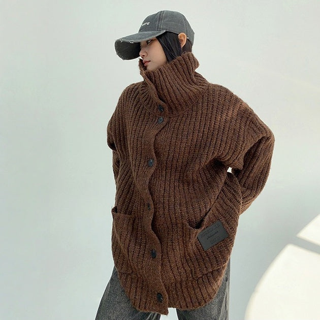 【アウター】春 秋 冬 厚手 スタンドカラー ゆったり ニット ジャケット 【FCシリーズ】