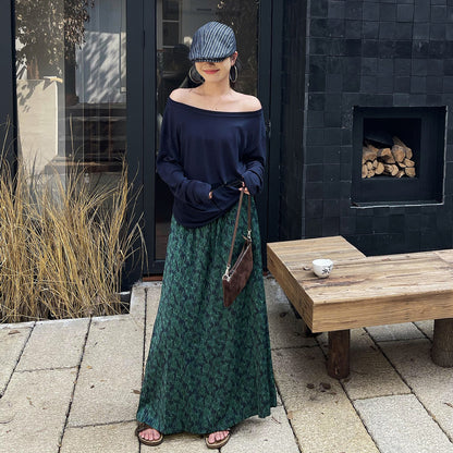 【ボトムス】レトロ風 スカート 初秋新作 ハイウエスト スリム見え 花柄ストレートスカート ドレープ感 スリット入り【SHシリーズ】