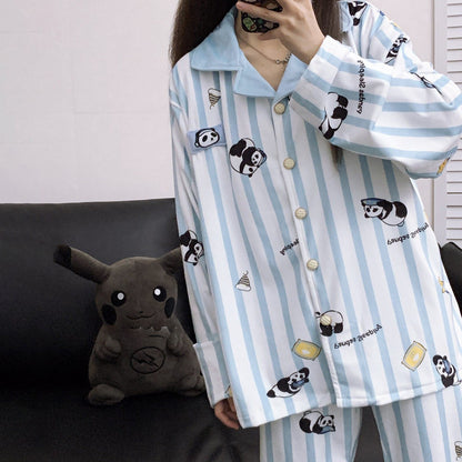 【インナー】かわいいパンダ ストライプ柄 アイランドフリース 薄手 ルームウェア レディース 秋冬