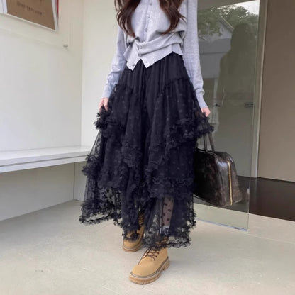 【ボトムス】チュールスカート ハート柄 フレアロング ふんわり大ボリューム 体型カバー 大きめサイズ ケーキスカート【JZシリーズ】