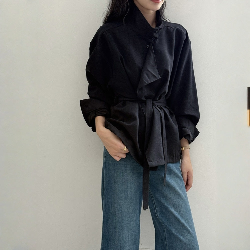 【トップス】春 秋 冬 ハイネック ウエストベルベット調 リボン シャツ 【JZシリーズ】