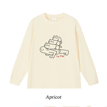 6カラー | S~3XL【トップス】猫からのプレッシャー プリント ロングTシャツ 春秋 ユニセックス ルーズ コットン【FCシリーズ】