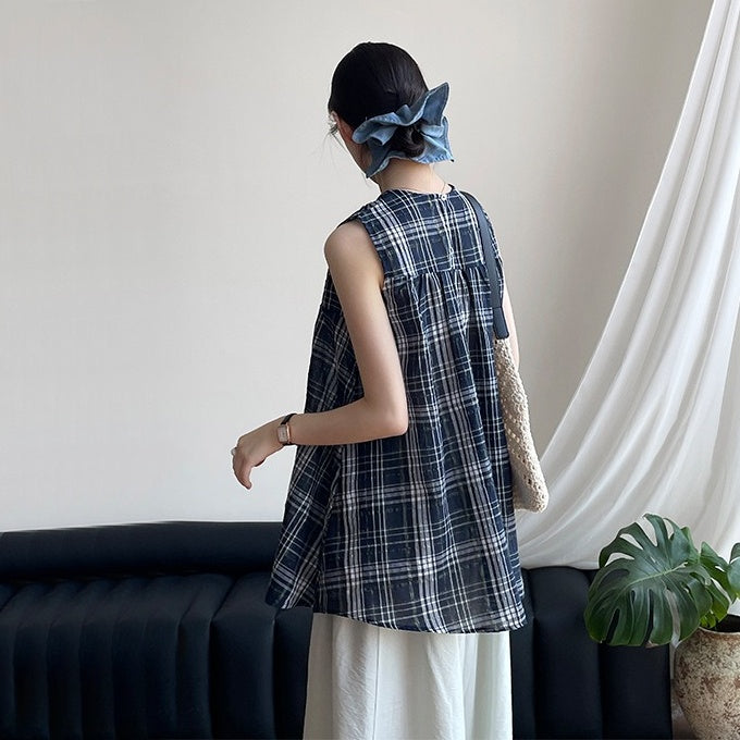 【トップス】夏 バイカラー チェック柄 ベビードールトップス ブラウス 【JZシリーズ】