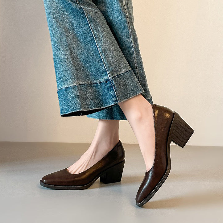 【シューズ】新作 シンプル 太ヒール ソフトレザー 7cm ハイヒール レディース スクエアトゥ 気品あふれる 通勤用 靴 パンプス