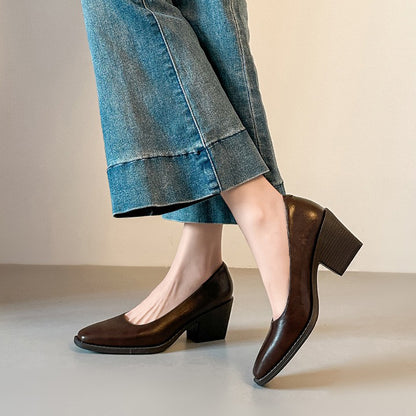 【シューズ】新作 シンプル 太ヒール ソフトレザー 7cm ハイヒール レディース スクエアトゥ 気品あふれる 通勤用 靴 パンプス