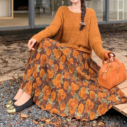 【ボトムス】レトロ風 プリーツスカート 秋新作 ハイウエスト 脚長効果 フレアAラインロングスカート【SHシリーズ】