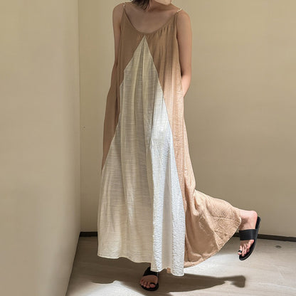 【ワンピース】リゾート風 編み込みストラップ付き 配色細見え ゆったりノースリーブワンピース【SHシリーズ】