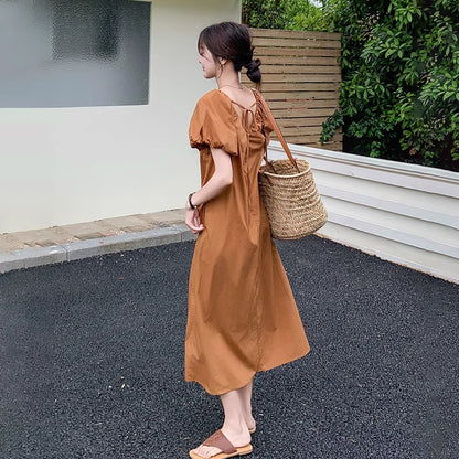 【ワンピース】フレンチ風半袖 ワンピース レディース Vネック 花びら袖 Aライン 夏  ゆったり 体型カバー【JZシリーズ】