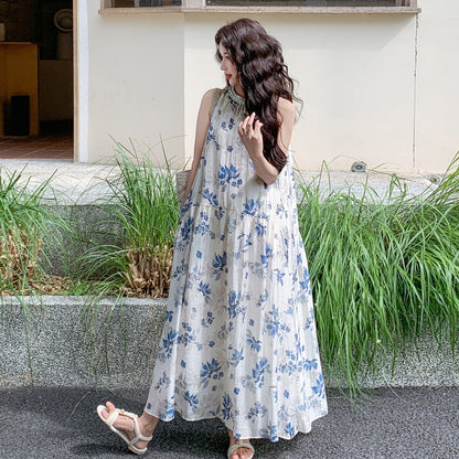 【ワンピース】レンチリゾート 花柄ホルターワンピース レディース 夏 ロング丈 ノースリーブ フレア ゆったり 細見え【SHシリーズ】