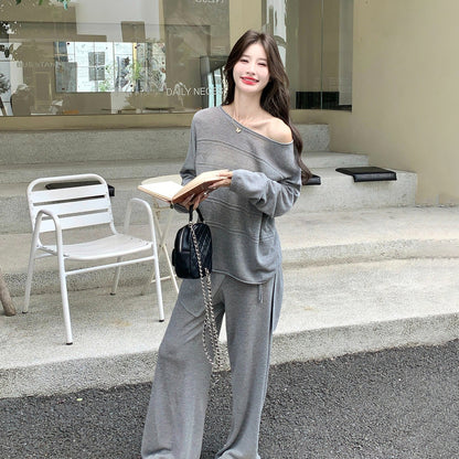 2点セット！【セットアップ】グレーニット 上下セット レディース オフショルダートップス＆ワイドパンツ ゆったり リラックス 秋コーデ【JZシリーズ】