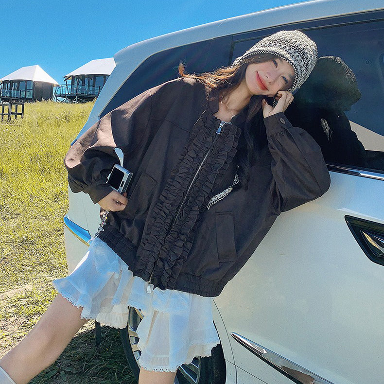 【アウター】カジュアル フリル切り替え スエード調 ショートジャケット【JZシリーズ】