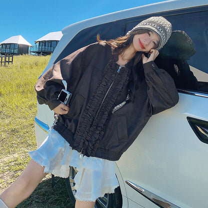 【アウター】カジュアル フリル切り替え スエード調 ショートジャケット【JZシリーズ】