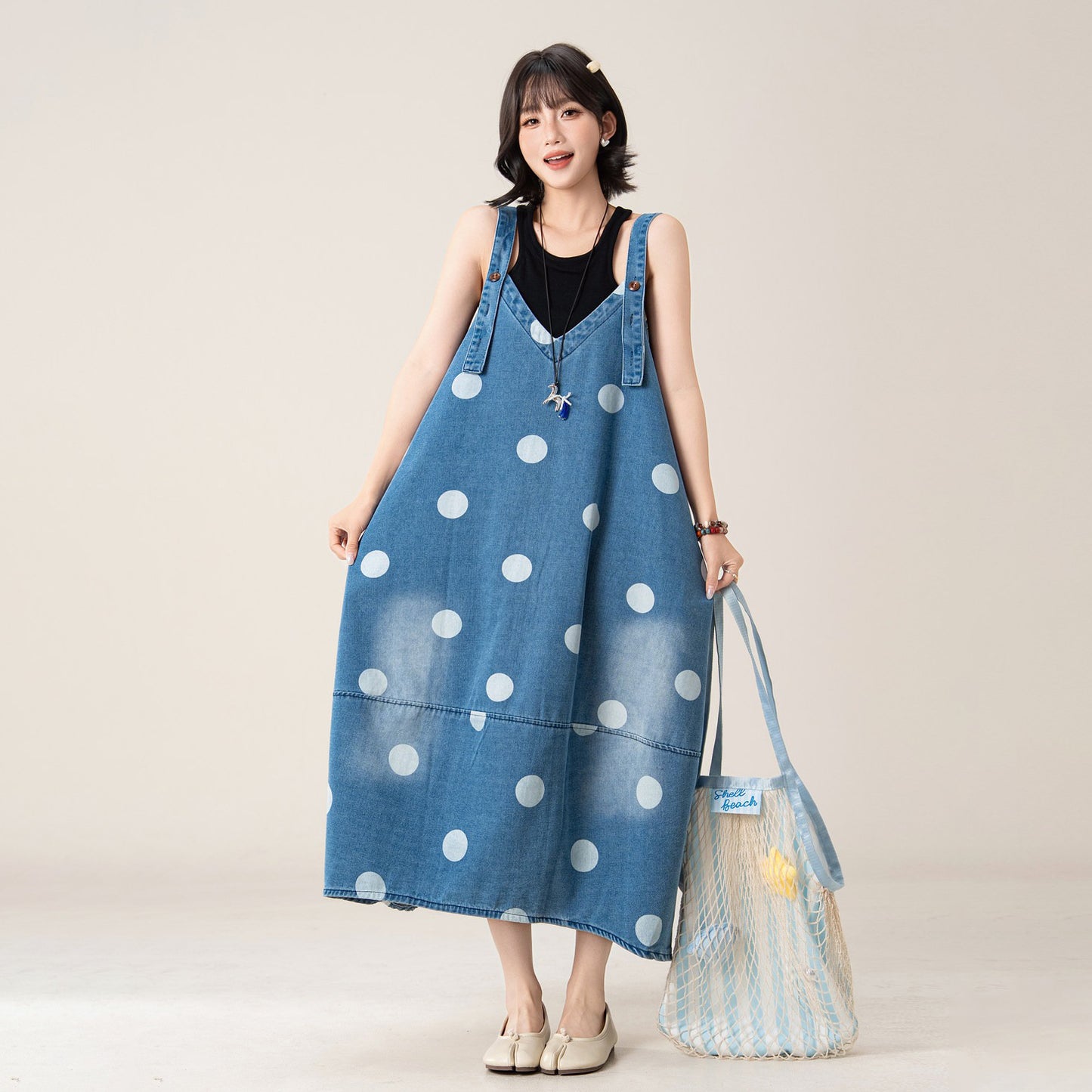 【ワンピース】ワンピース デニムジャンパースカート レディース ドット柄 オーバーサイズ ノースリーブ ゆったり ロング丈 カジュアル【JZシリーズ】【SHシリーズ】