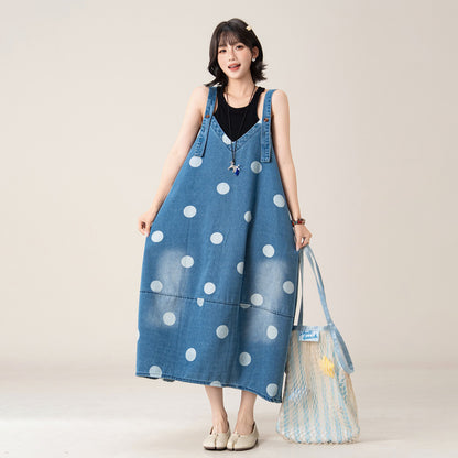 【ワンピース】ワンピース デニムジャンパースカート レディース ドット柄 オーバーサイズ ノースリーブ ゆったり ロング丈 カジュアル【JZシリーズ】【SHシリーズ】