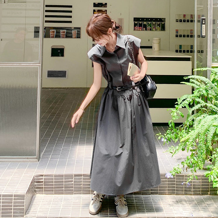 【ワンピース】グレーノースリーブワンピース ウエストマークで細見え◎上品見えの韓国風ロング丈【JZシリーズ】