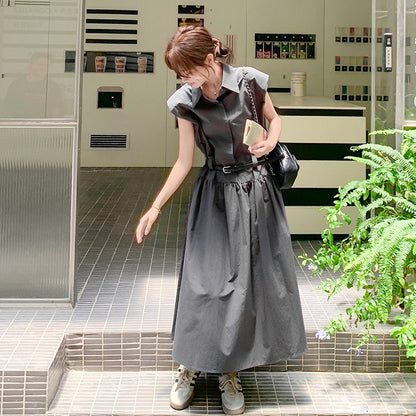 【ワンピース】グレーノースリーブワンピース ウエストマークで細見え◎上品見えの韓国風ロング丈【JZシリーズ】