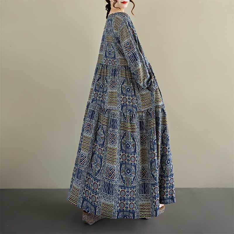 【ワンピース】秋新作ゆったり花柄ワンピース 大きめサイズ ファッション 長袖ドレス【SHシリーズ】